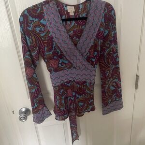 Plenty By Tracy Reese Beaded Silk Long Bell Sleeve Tie Back Blouse Top Size 4